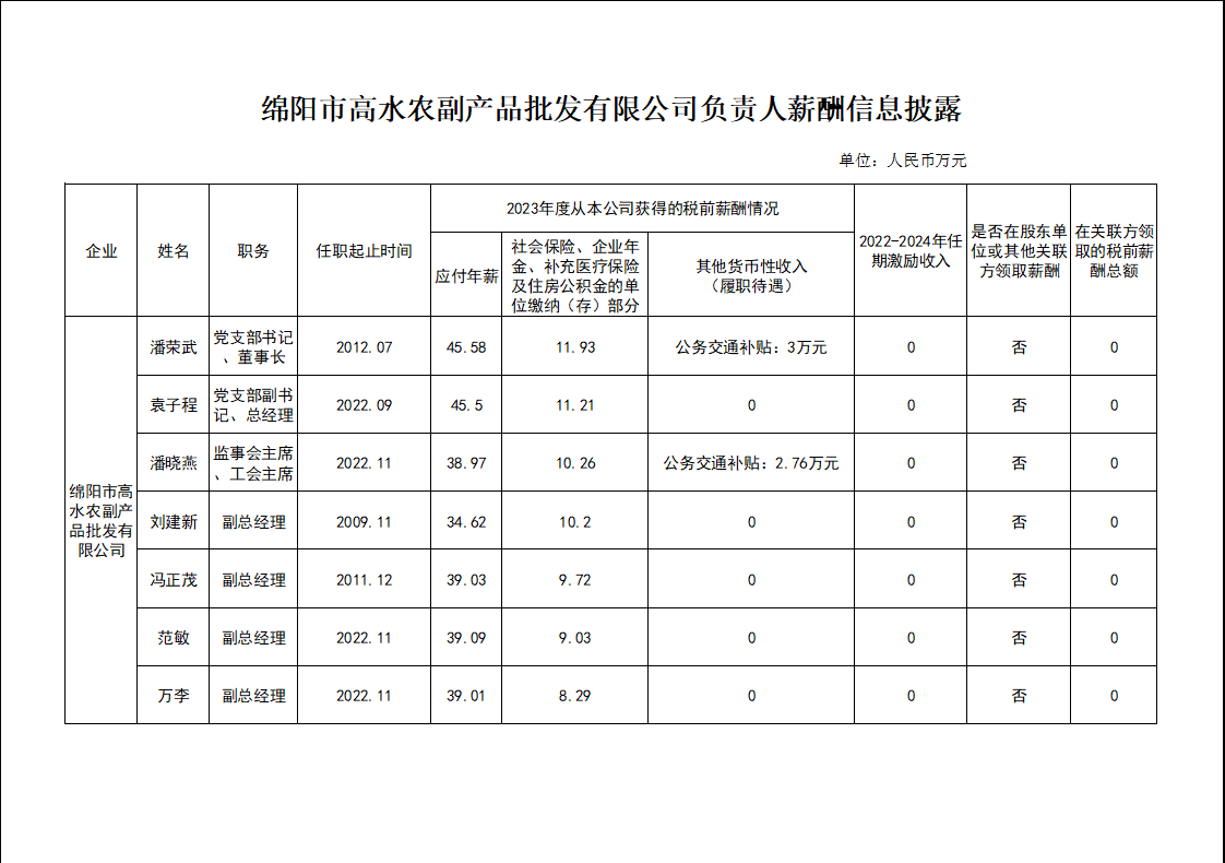 负责人薪酬披露